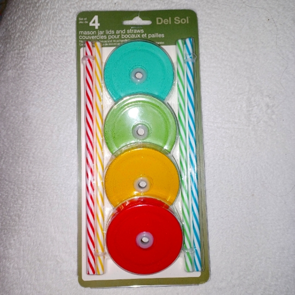 Mason Jar Lids and Straws Set 4 Various Colors